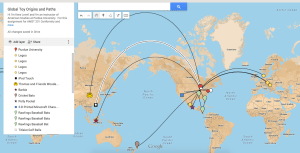 A map I created to visualize how many of America's toys originate, trade hands, and cross maths around the world.